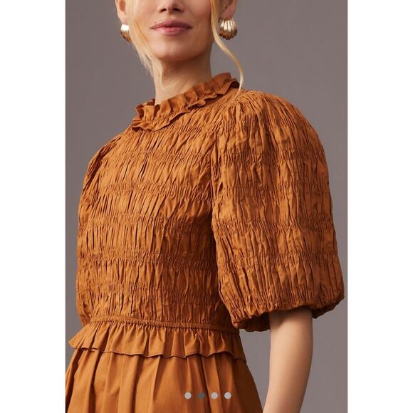Moon River -Anthropologie-Smocked Pu ff-Sleeve Dress Size S Color: HONEY - Picture 3 of 8